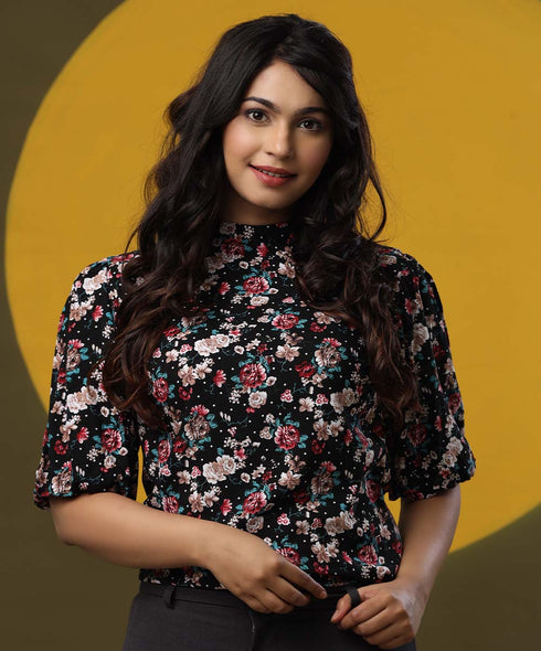 Floral Mock Neck Printed Black Top